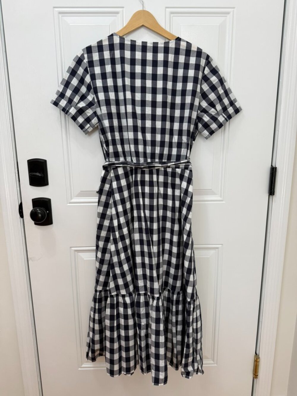 Gap Gingham Wrap Midi Dress Navy White Tie Waist Ruffle Hem Size M - Picture 5 of 10